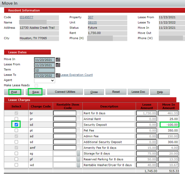 Move In Charge Corrections Yardi Voyager